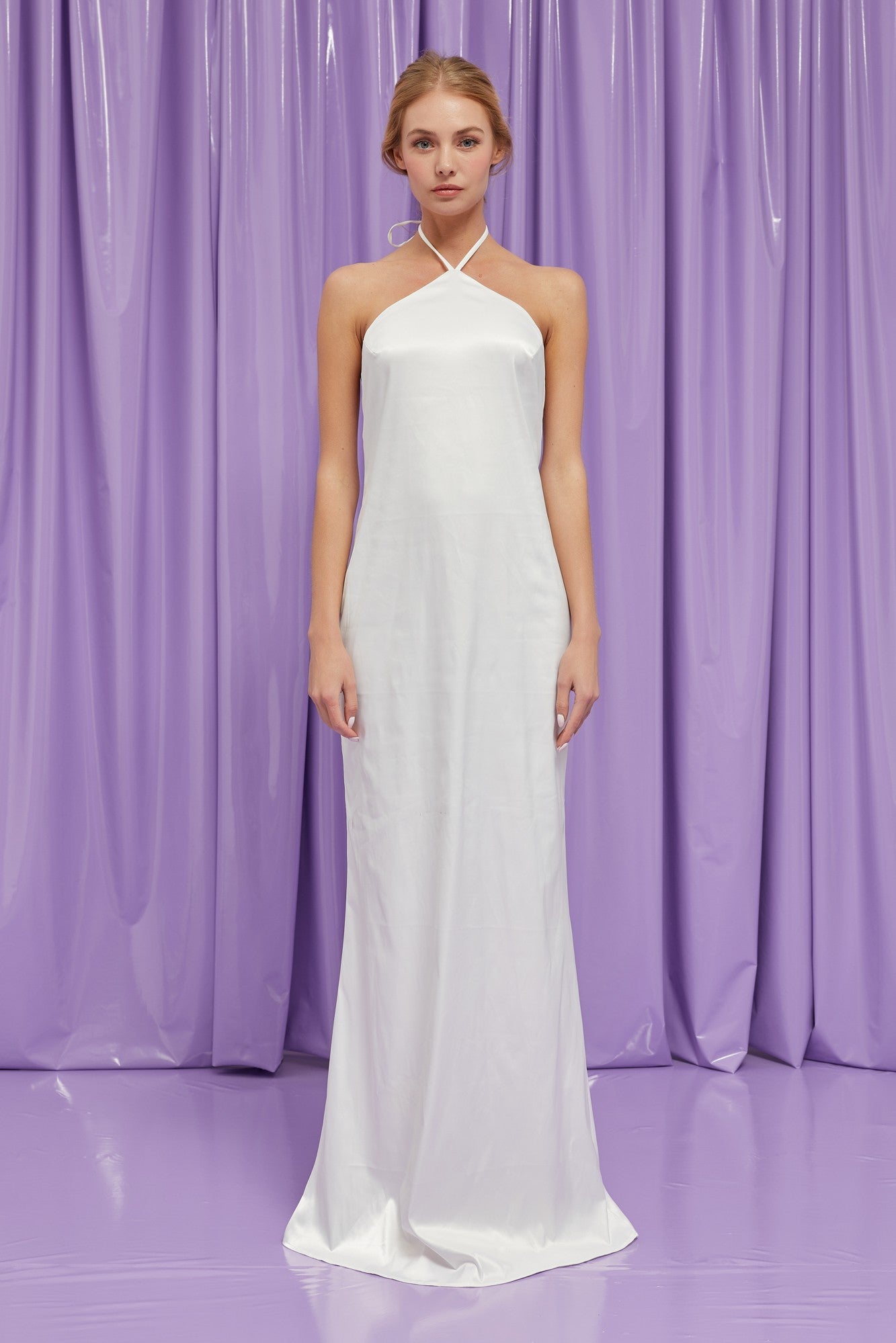 White High Neck Satin Maxi