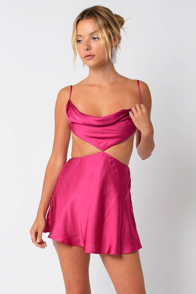 Magenta Satin Cowl Neck Cut Out Mini