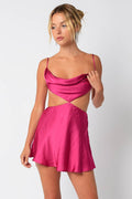 Magenta Satin Cowl Neck Cut Out Mini
