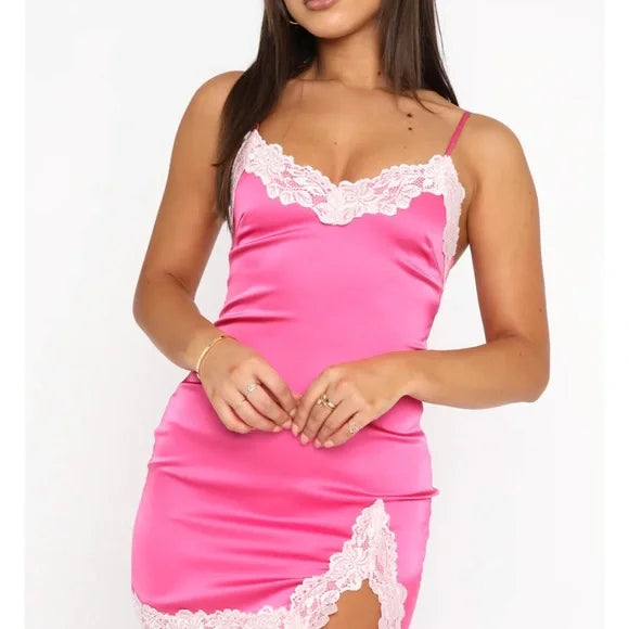 Hot Pink Satin Lace Trim Mini