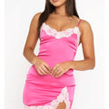 Hot Pink Satin Lace Trim Mini