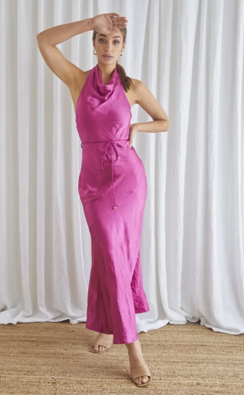 Magenta Cowl Neck High Neck Tie Waist Maxi