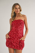 Red Strapless Sequin Pocket Mini