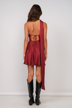 Wine Red Scarf Neck Satin Mini