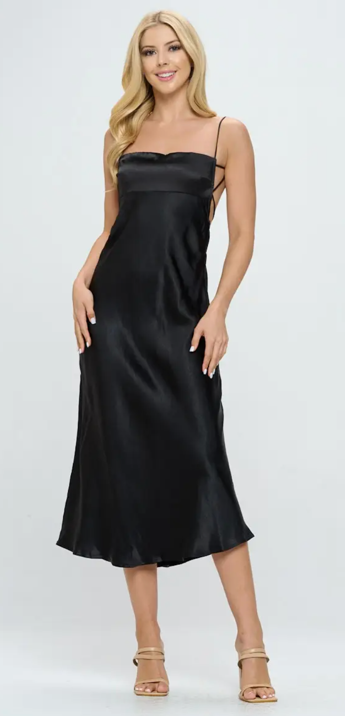 Black Square Neck Satin Midi