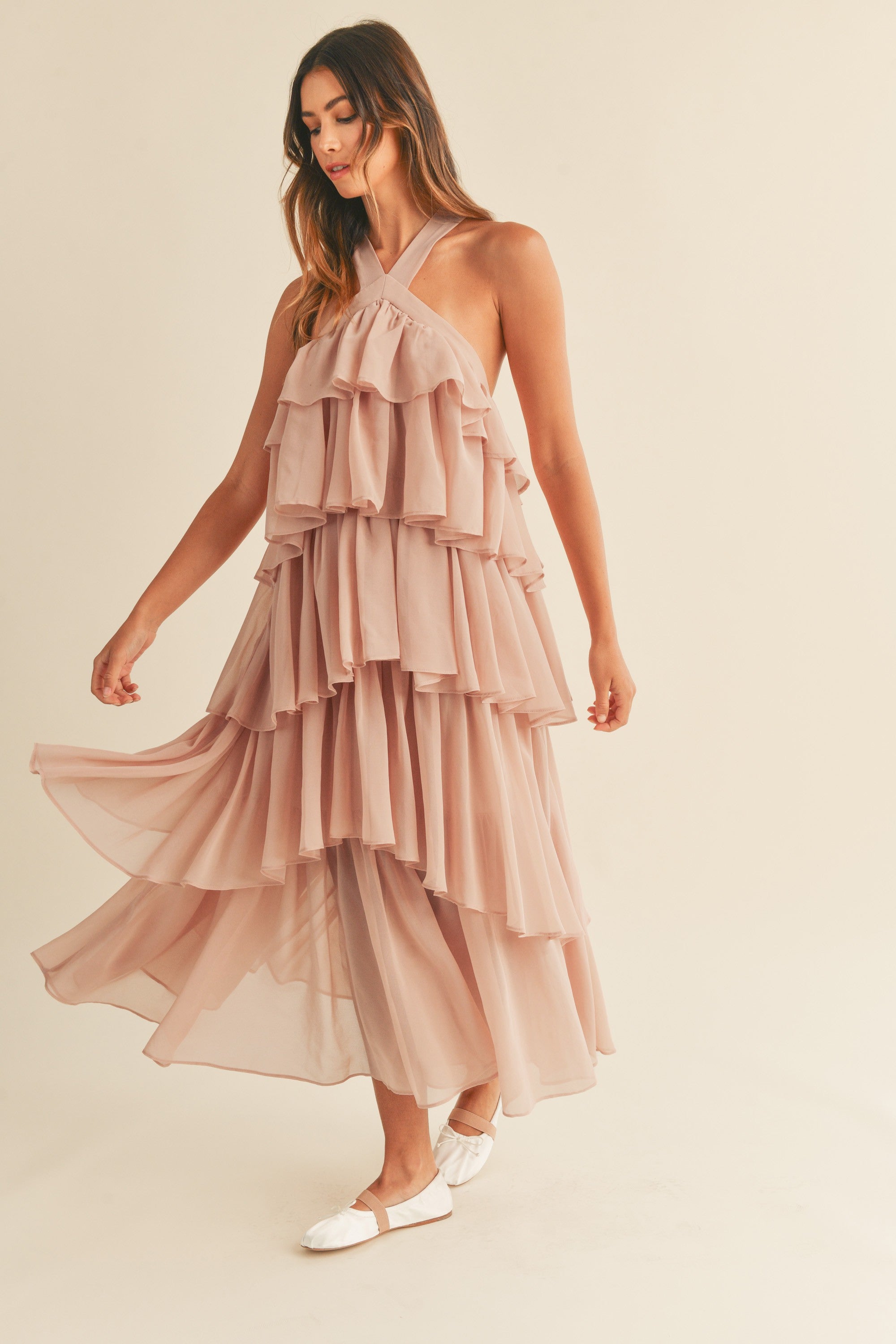 Mauve Ruffle Halter Maxi