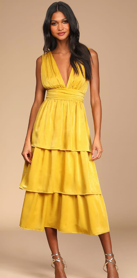 Yellow Tiered Satin Maxi