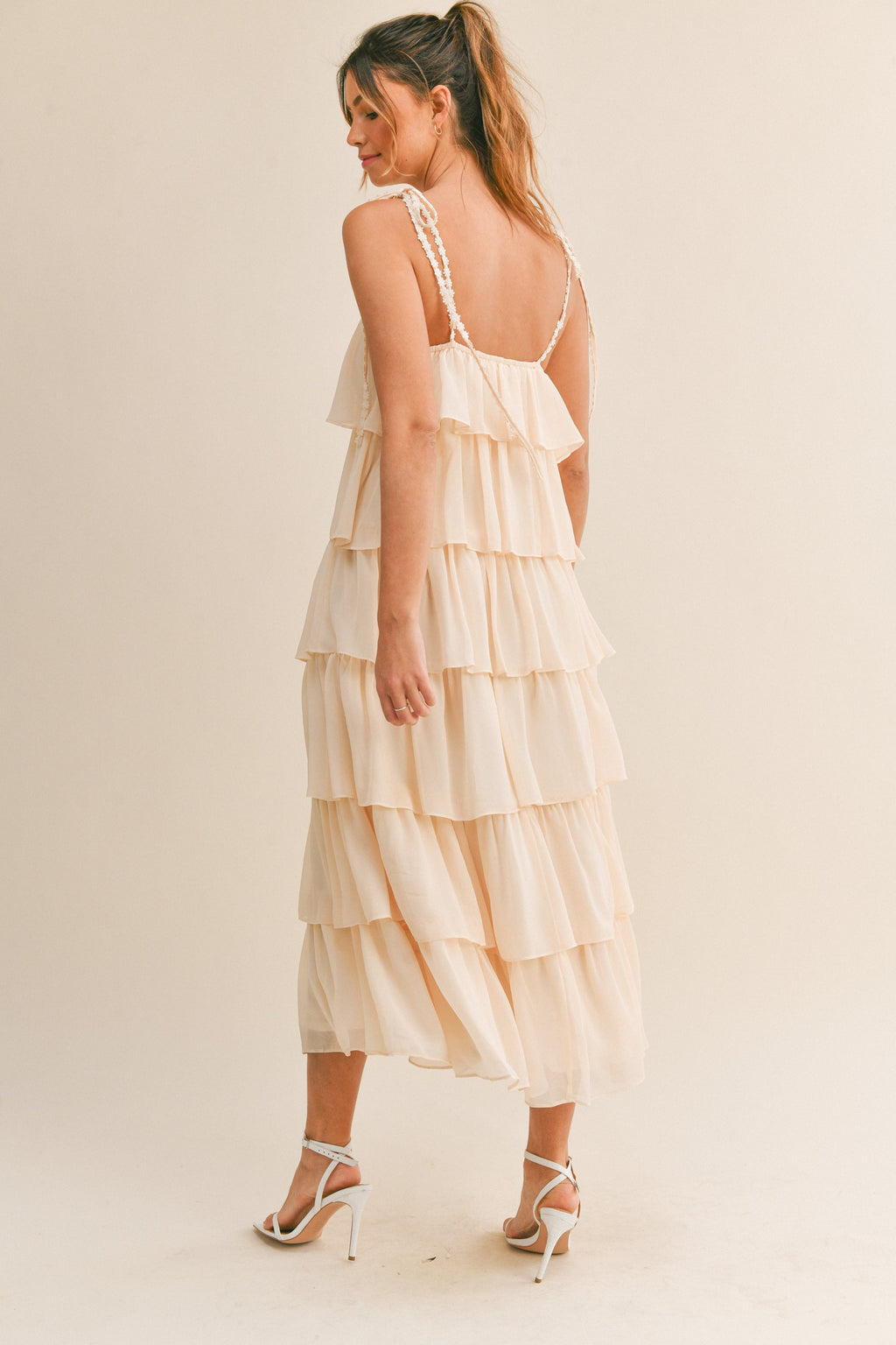 Beige Tiered Linen Midi