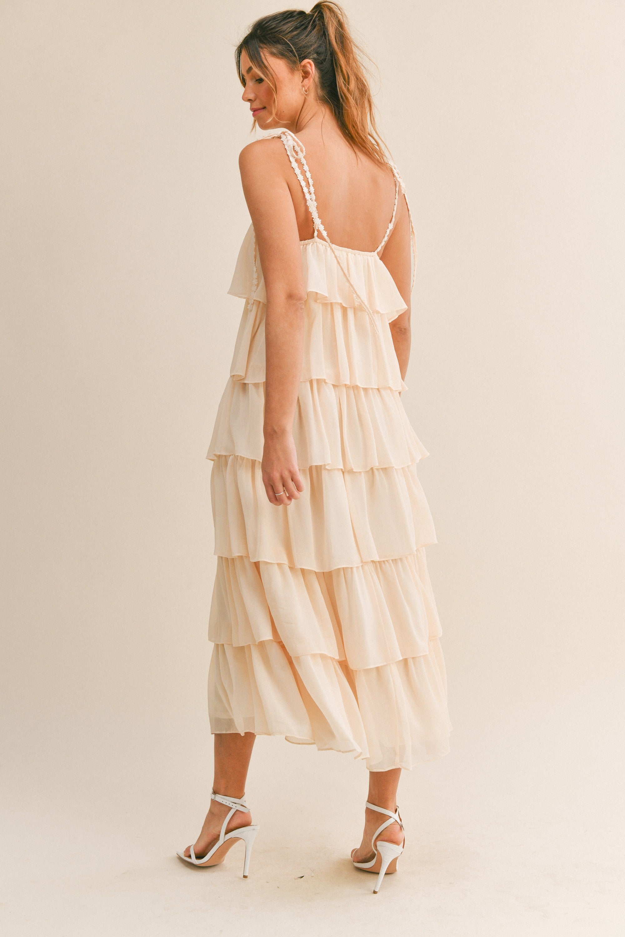 Beige Tiered Linen Midi