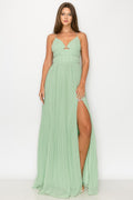 Sage Pleated High Slit Maxi