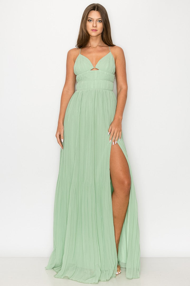 Sage Pleated High Slit Maxi