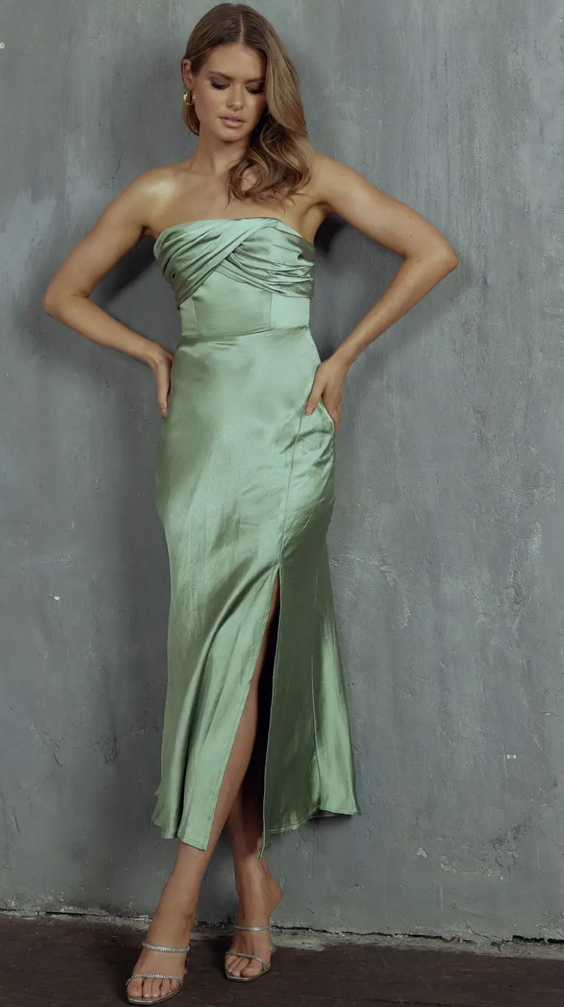 Sage CrissCross Strapless Satin Midi