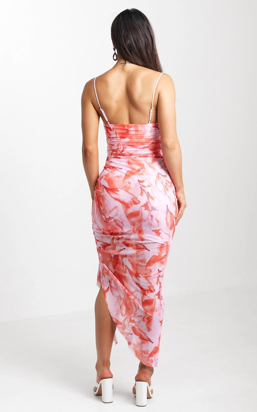 Asymmetrical Floral Ruched Midi