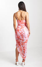 Asymmetrical Floral Ruched Midi