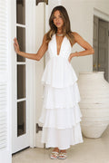 White Cotton Deep V Tiered Maxi