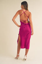 Magenta Satin Cowl Neck Midi