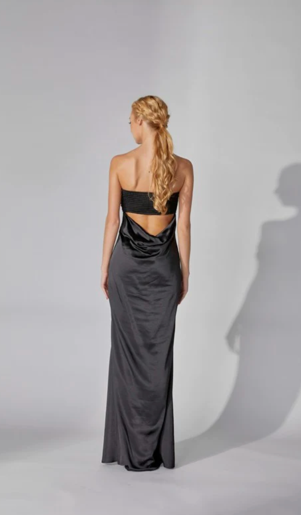 Black Strapless Crossed Shirring Tube Maxi