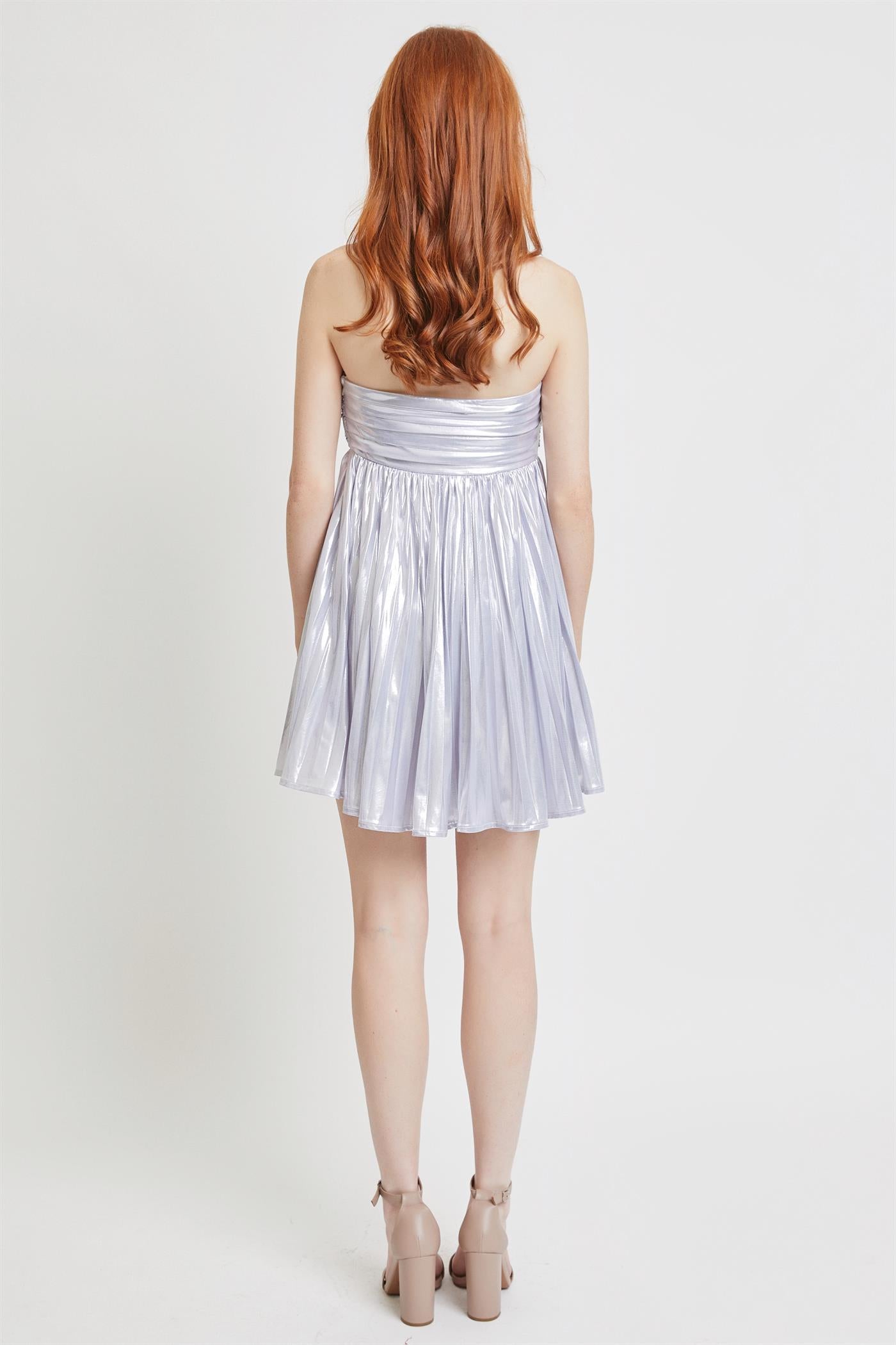 Silver Metallic Strapless Pleated Mini