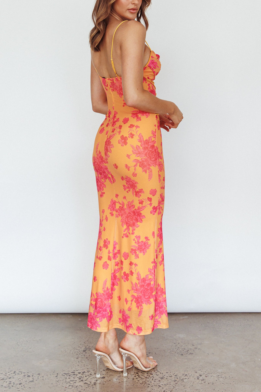 Orange Floral Cowl Neck Lace Up Maxi