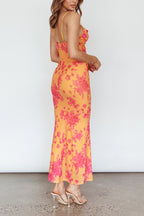 Orange Floral Cowl Neck Lace Up Maxi