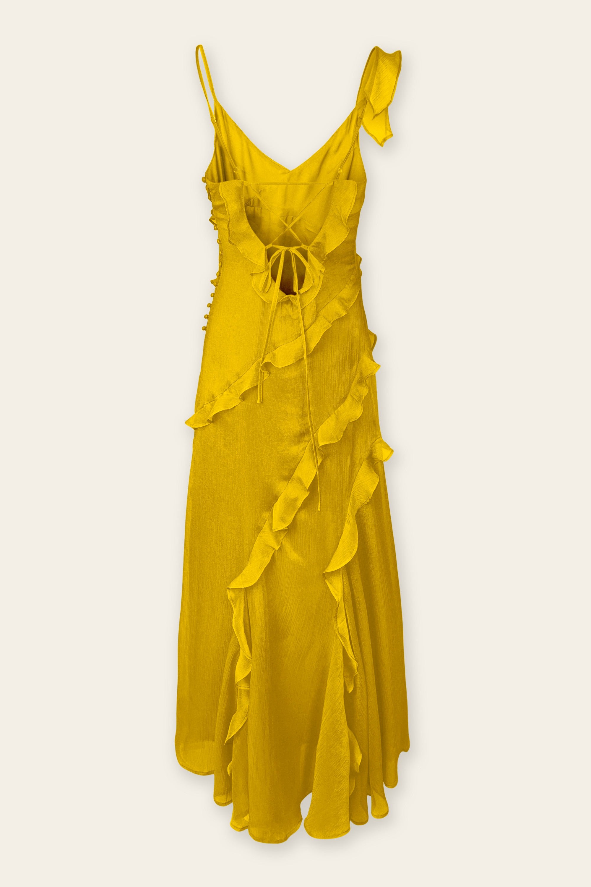 Yellow Asymmetrical Ruffle Linen Maxi