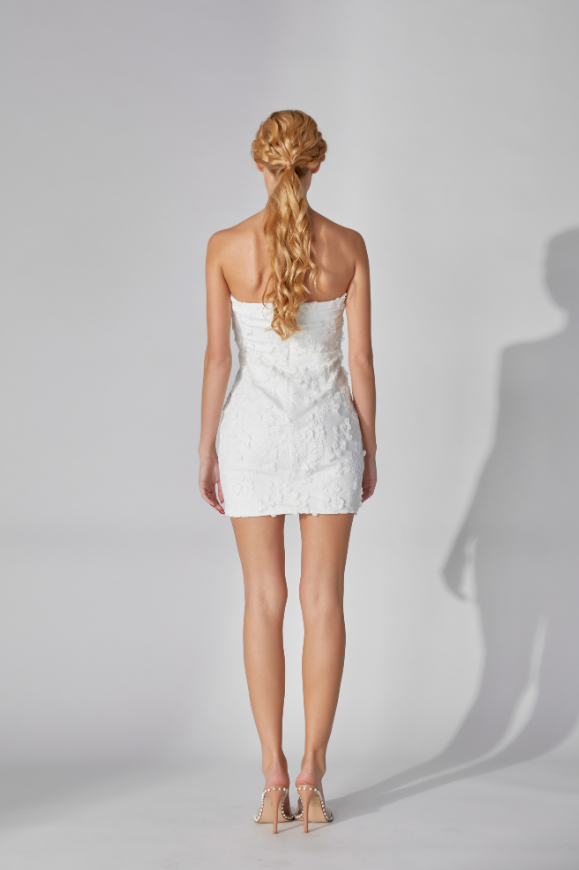White Floral Textured Strapless Mini