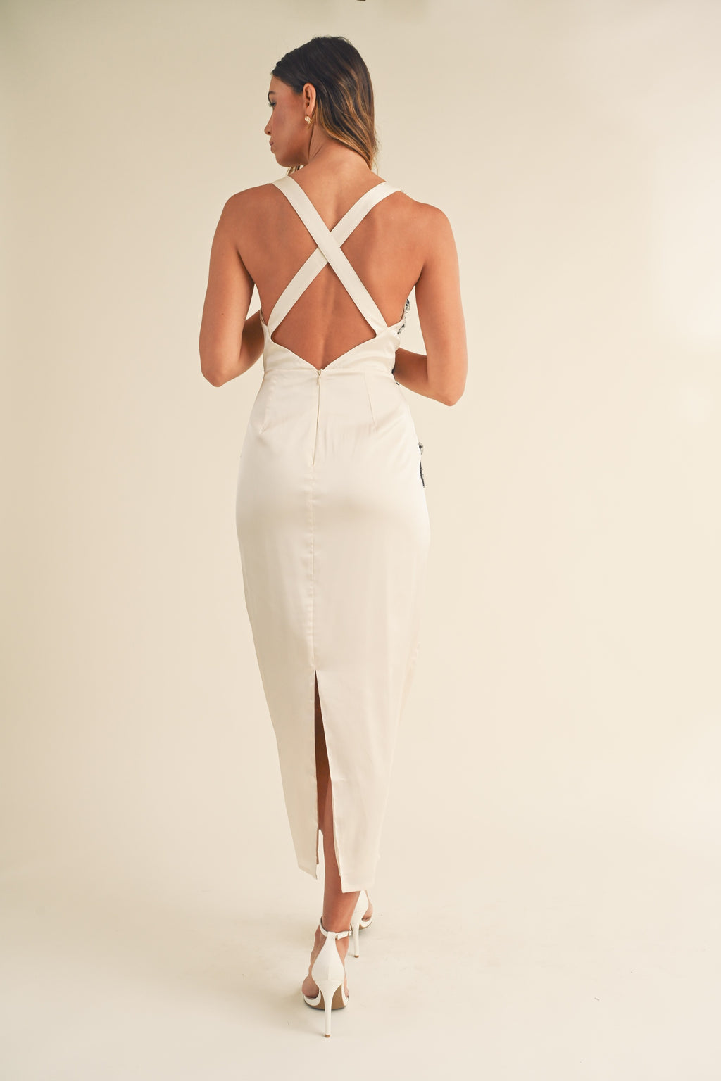 Ivory Black Lace Plunge Neck Midi