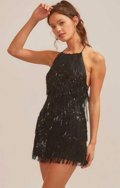 Black Sequin Tassel Romper