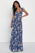 Blue Floral Ruffle Lace-Up Maxi