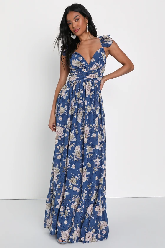 Blue Floral Ruffle Lace-Up Maxi