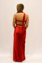 Red Strapless Keyhole Satin Rose Maxi
