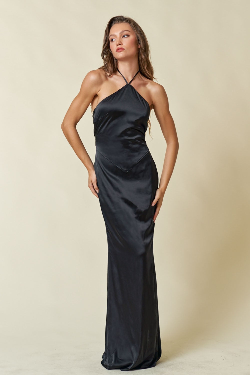 Black High Neck Back Slit Maxi