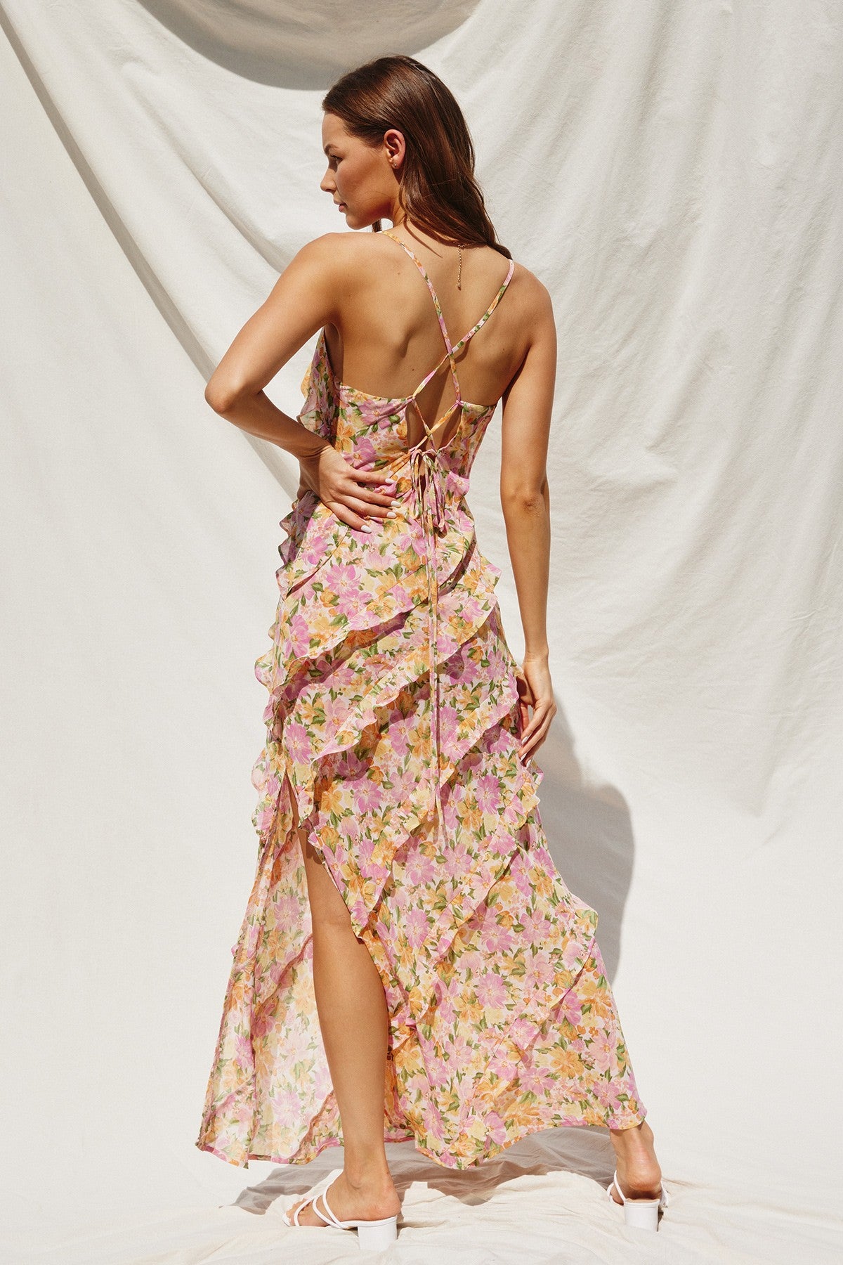 Floral Ruffle Layered High Slit Maxi