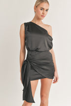 Black One Shoulder Satin Draped Mini