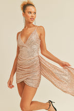 Gold Plunge Neck Drape Sequin Mini