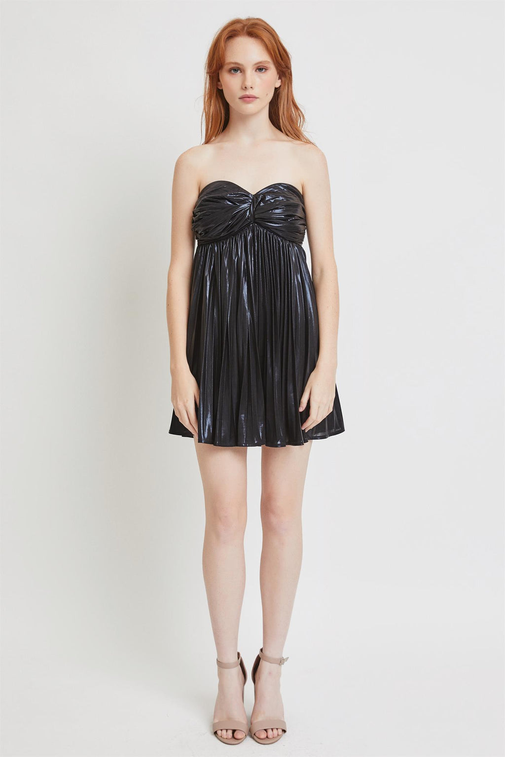 Black Metallic Strapless Pleated Mini