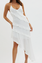 White Tiered Ruffle Asymmetrical Midi