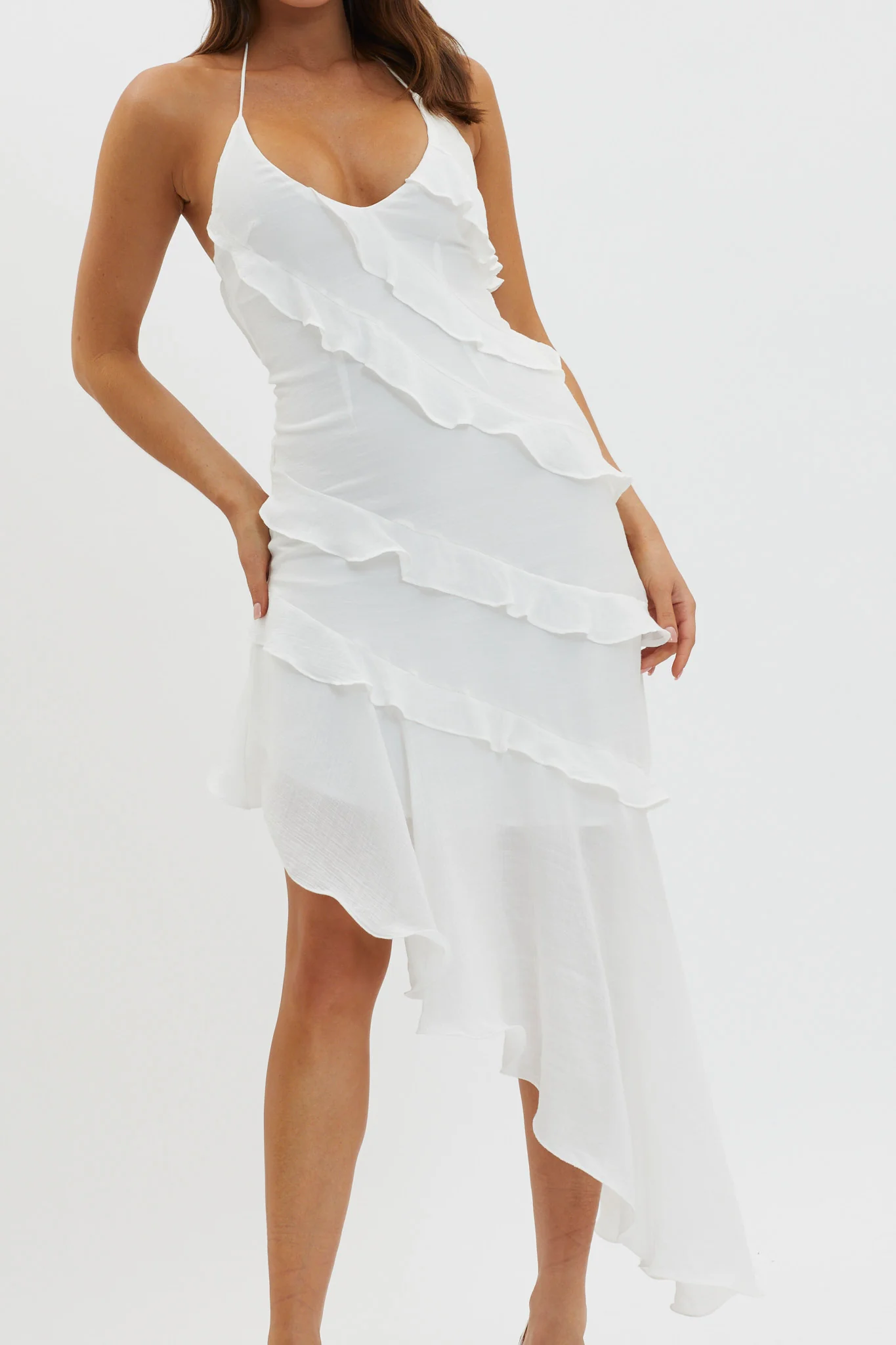 White Tiered Ruffle Asymmetrical Midi
