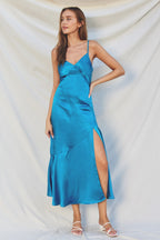 Teal High Slit Satin Midi