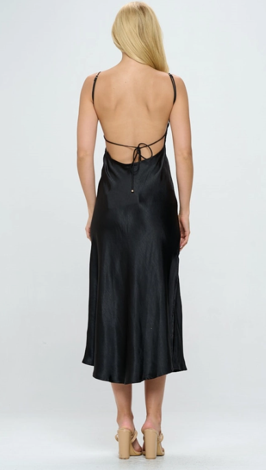 Black Square Neck Satin Midi