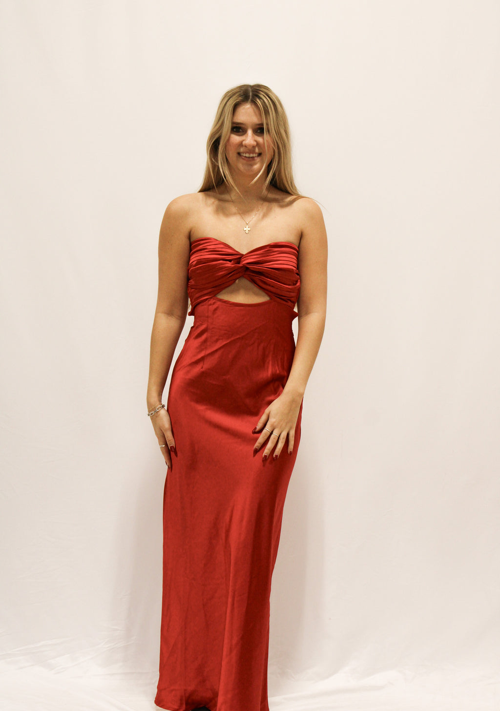 Red Strapless Keyhole Satin Rose Maxi