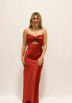Red Strapless Keyhole Satin Rose Maxi