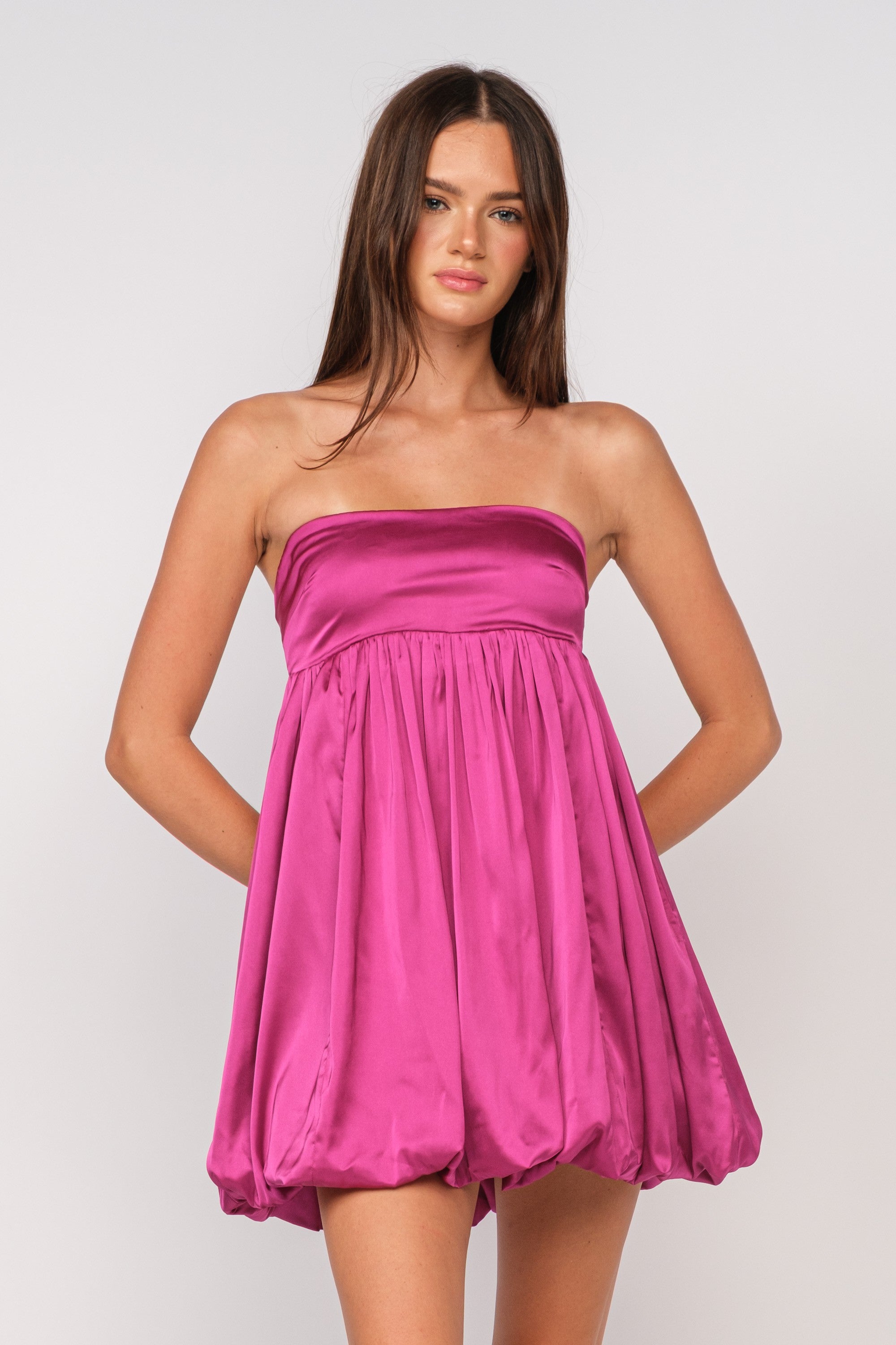 Magenta Strapless Balloon Hem Mini
