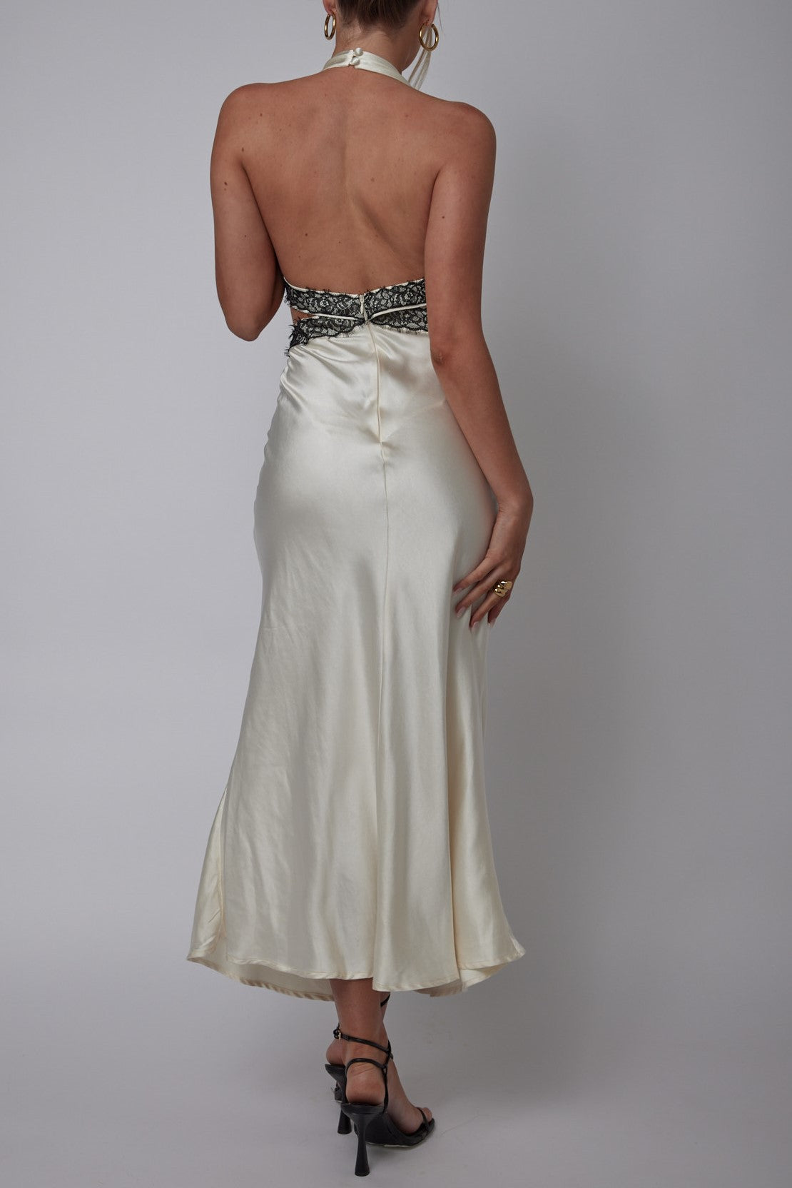 Ivory Black Lace CrissCross Side Cut-Out Maxi