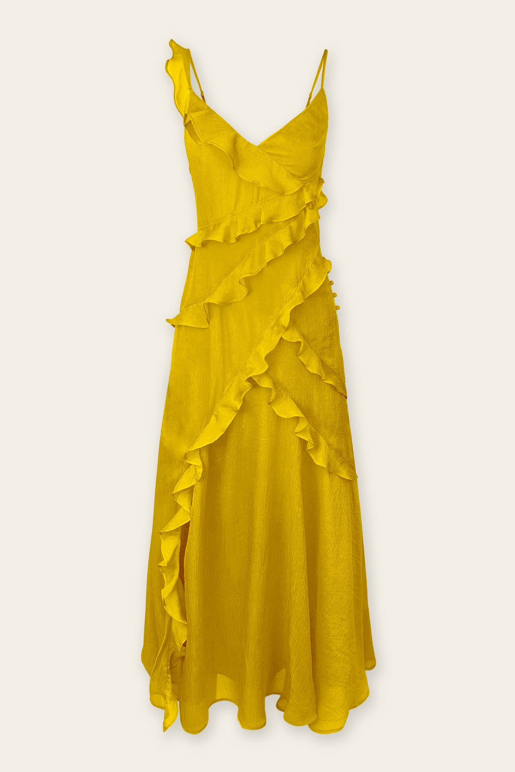 Yellow Asymmetrical Ruffle Linen Maxi