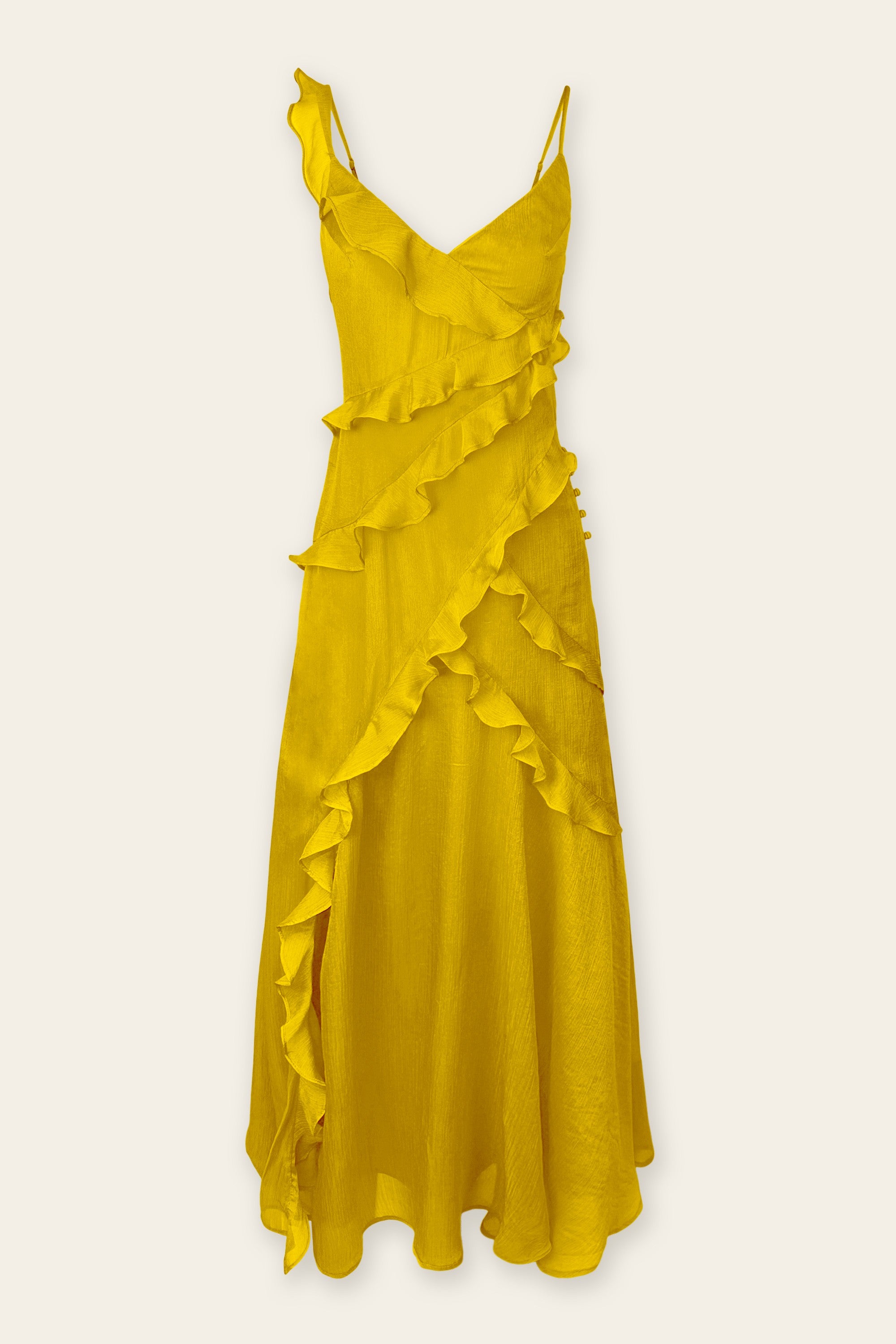 Yellow Asymmetrical Ruffle Linen Maxi