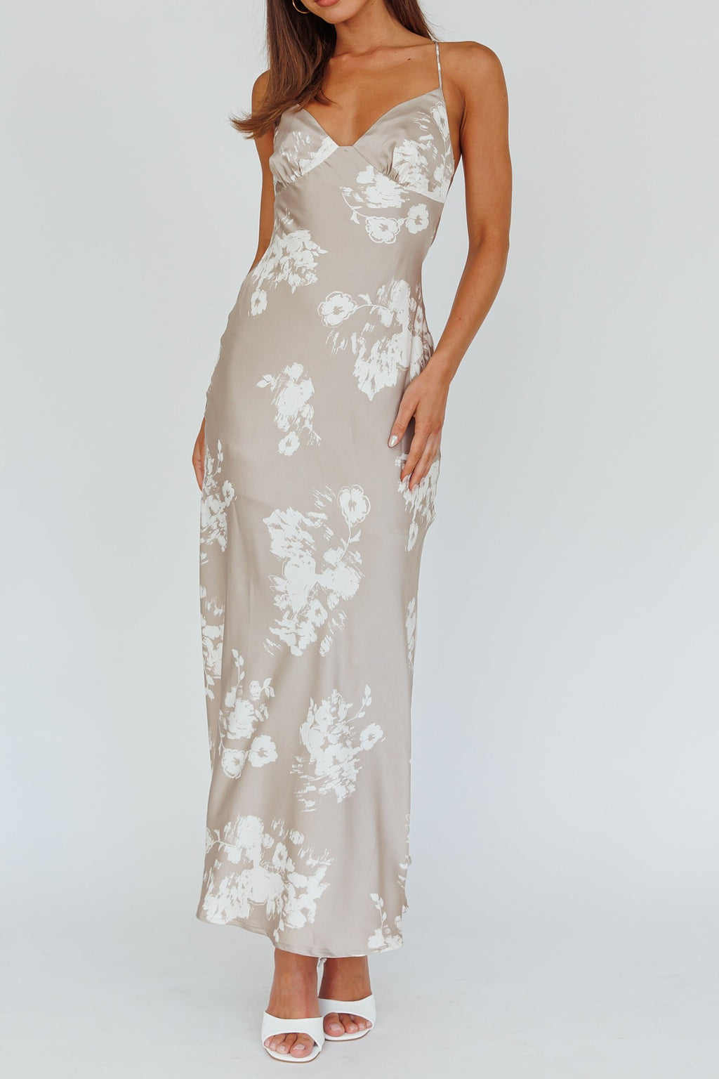 Grey Floral Satin Maxi