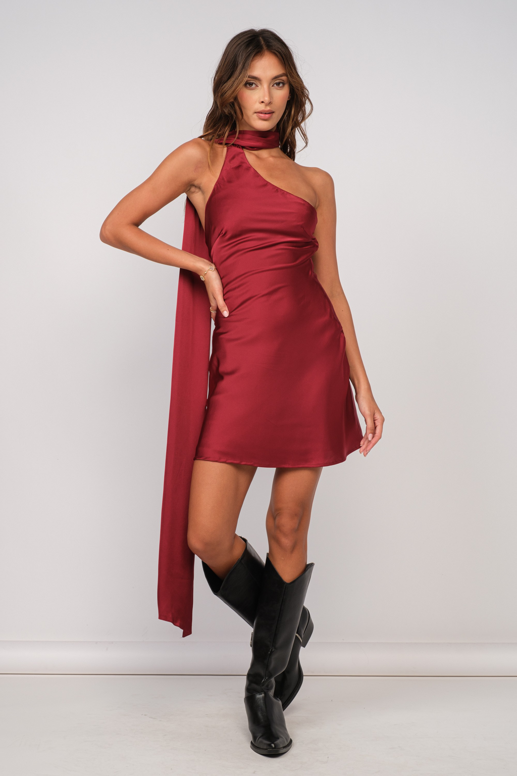 Wine Red Scarf Neck Satin Mini