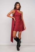 Wine Red Scarf Neck Satin Mini