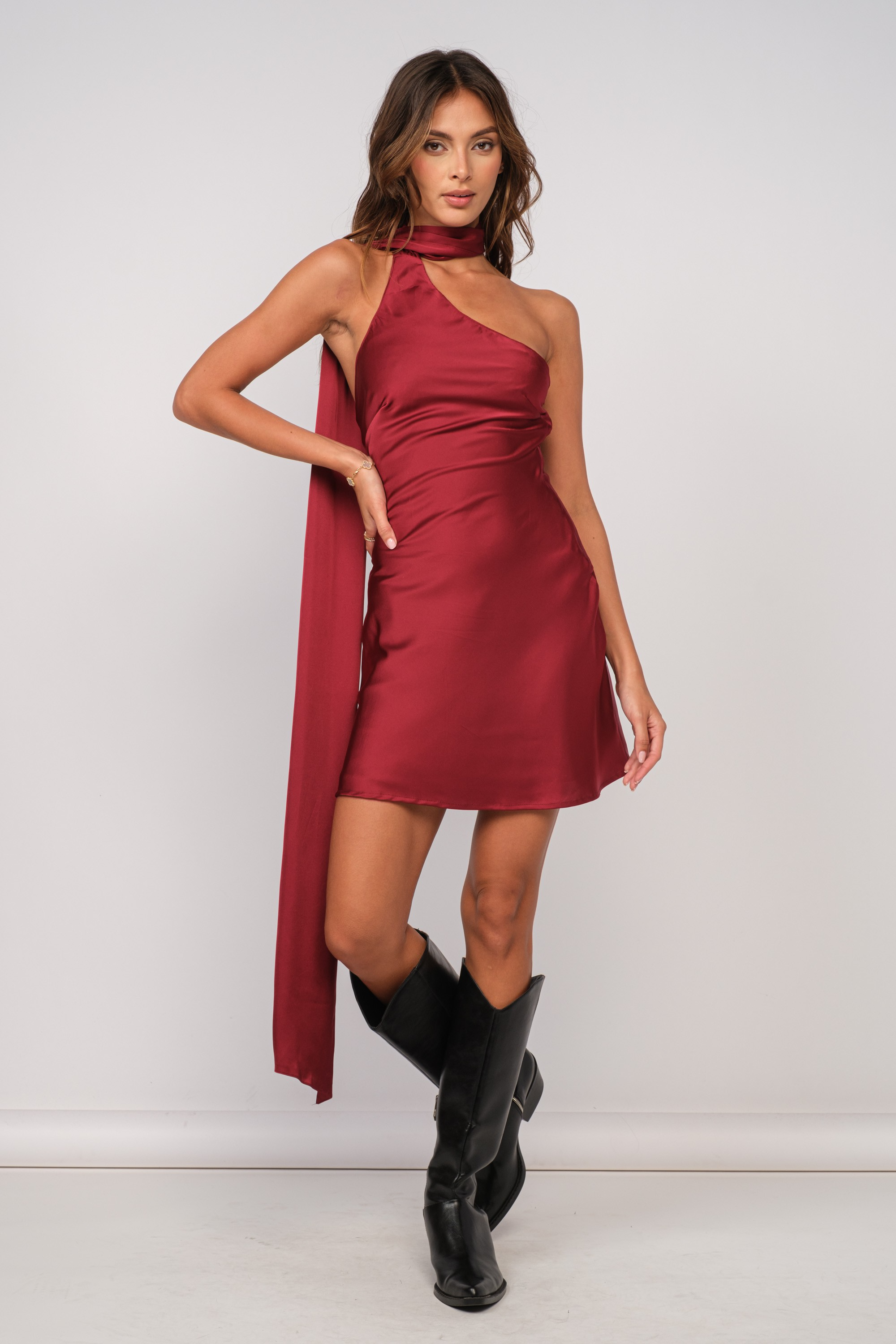 Wine Red Scarf Neck Satin Mini